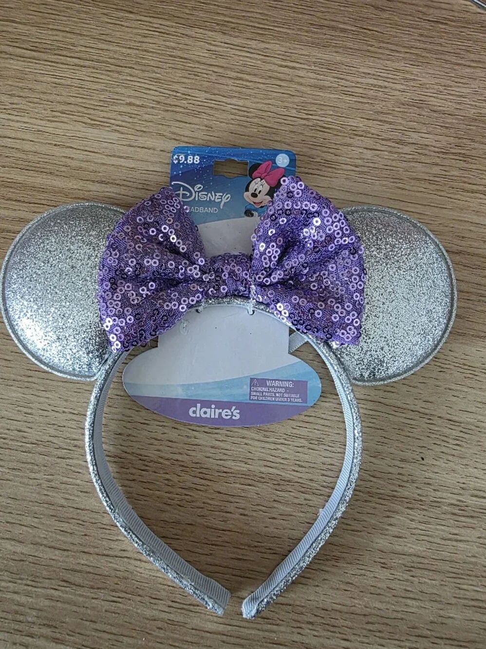 Disney Silver Sequin Ear Headband with Purple Bow